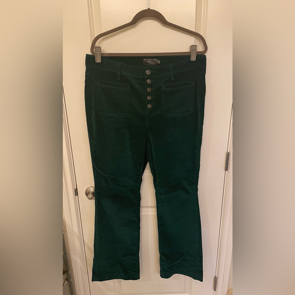 Torrid button-fly flare corduroy pants, forest green, size 14R
